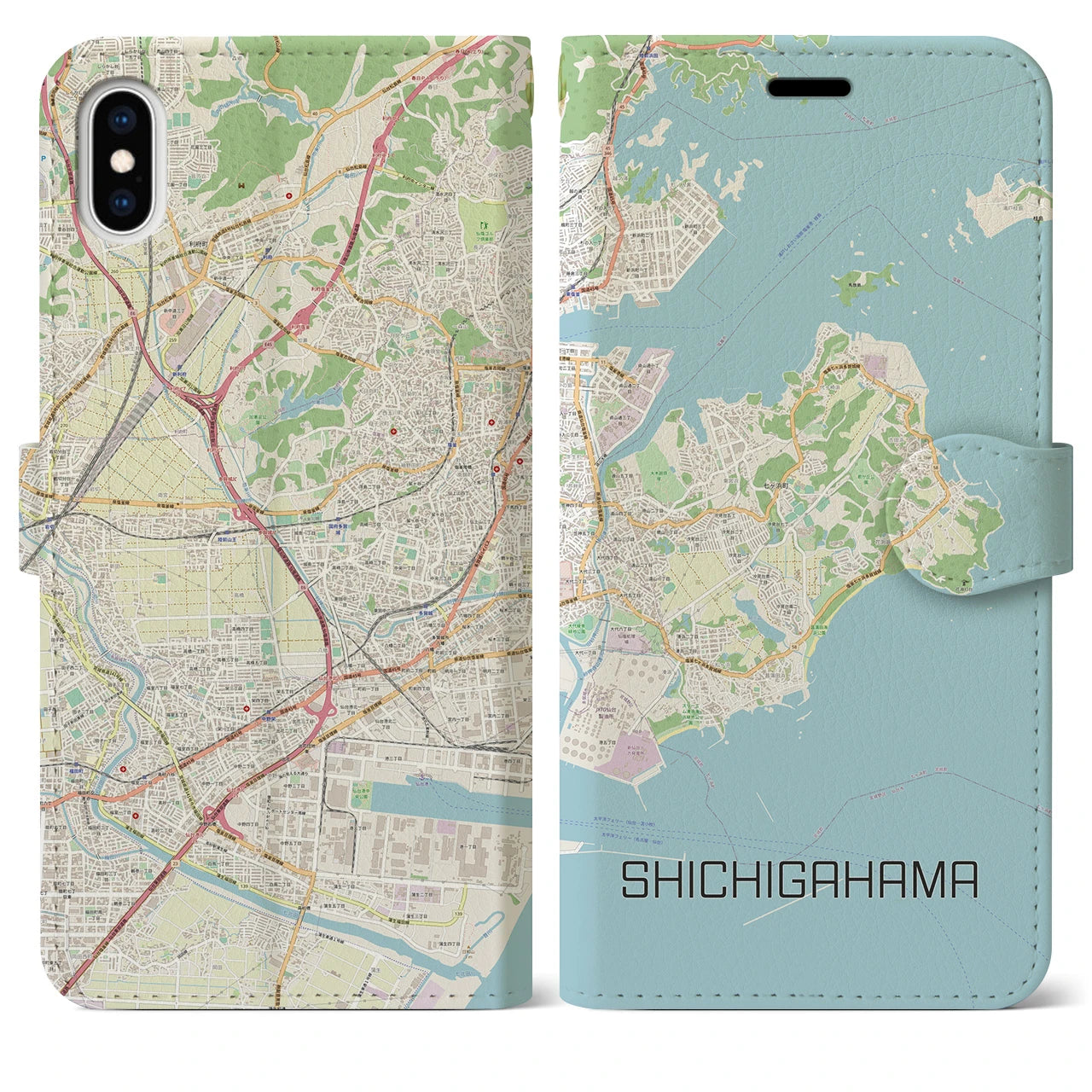 【七ヶ浜】地図柄iPhoneケース（手帳両面タイプ・ナチュラル）iPhone XS Max 用