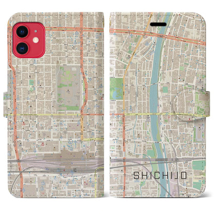 【七条（京都府）】地図柄iPhoneケース（手帳タイプ）ナチュラル・iPhone 11 用