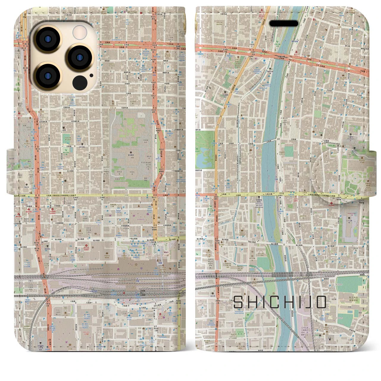 【七条】地図柄iPhoneケース（手帳両面タイプ・ナチュラル）iPhone 12 Pro Max 用