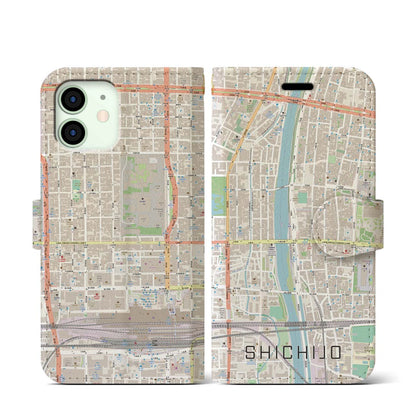 【七条（京都府）】地図柄iPhoneケース（手帳タイプ）ナチュラル・iPhone 12 mini 用