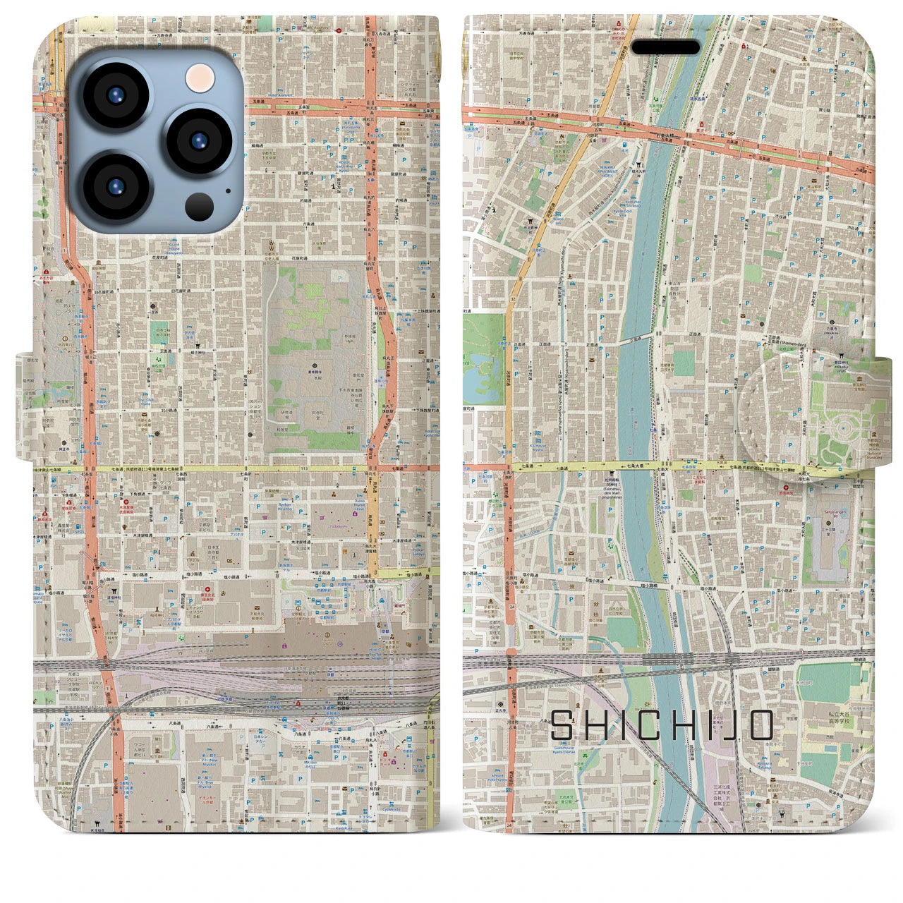 【七条】地図柄iPhoneケース（手帳両面タイプ・ナチュラル）iPhone 13 Pro Max 用