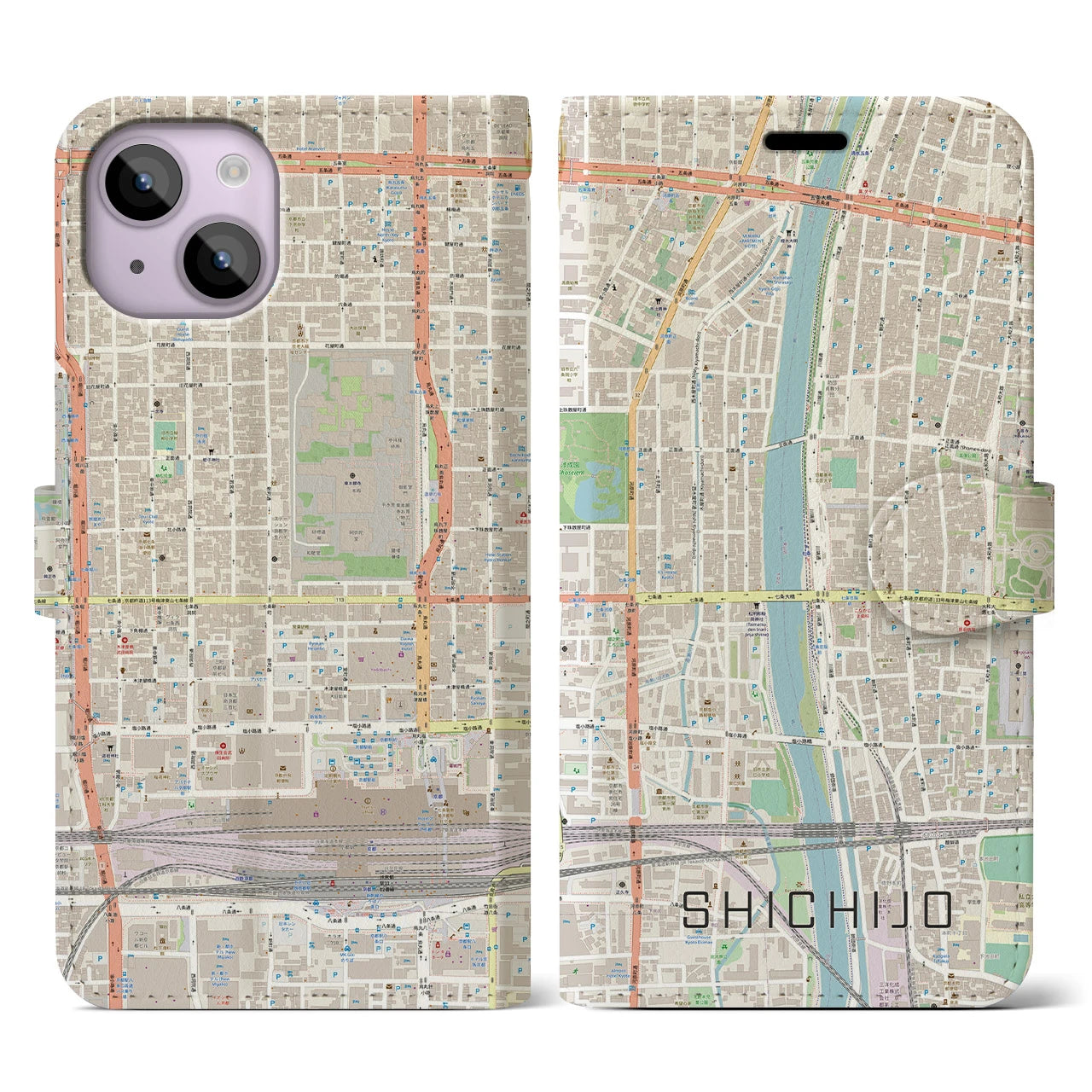 【七条】地図柄iPhoneケース（手帳両面タイプ・ナチュラル）iPhone 14 用