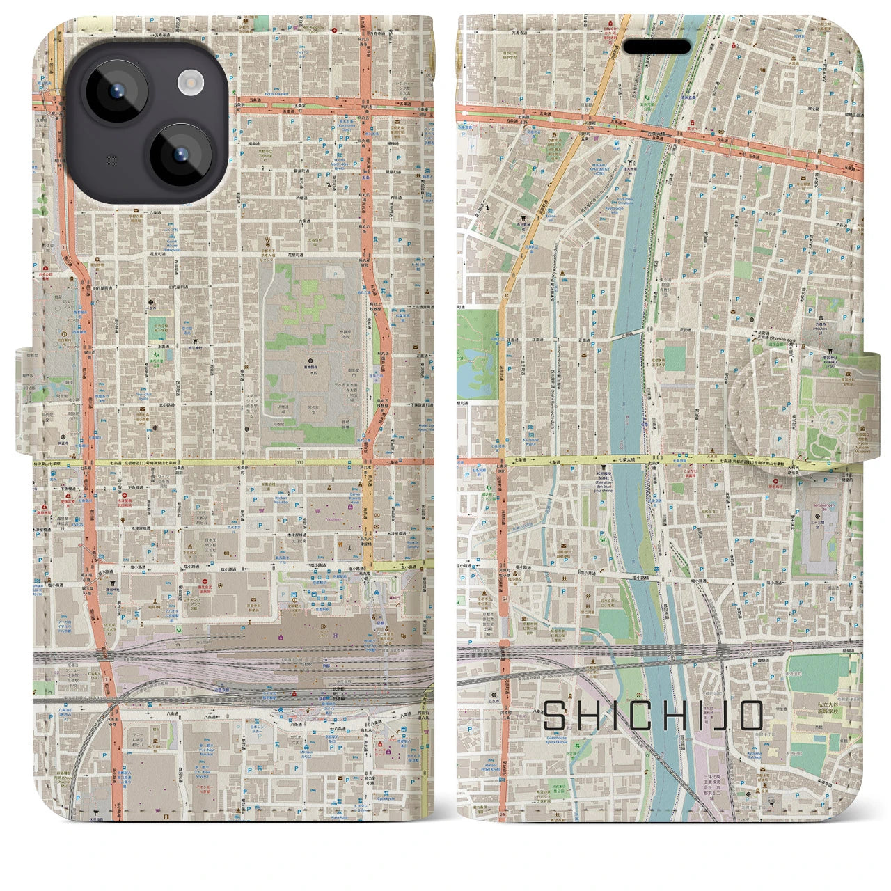 【七条】地図柄iPhoneケース（手帳両面タイプ・ナチュラル）iPhone 14 Plus 用