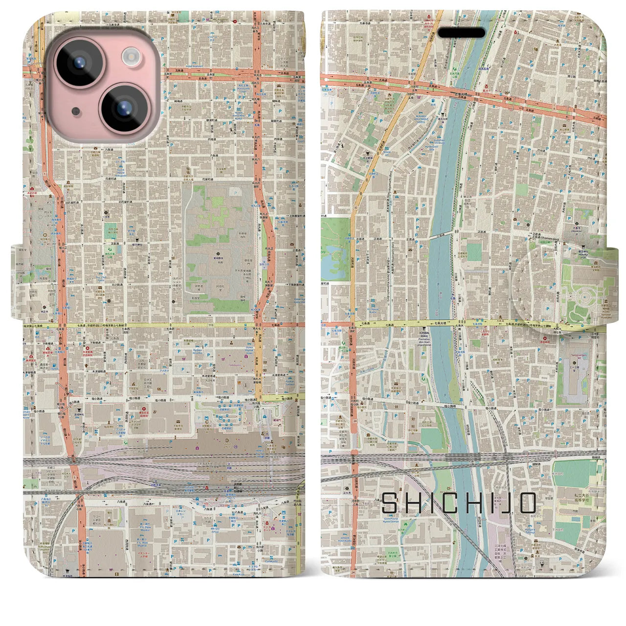 【七条】地図柄iPhoneケース（手帳両面タイプ・ナチュラル）iPhone 15 Plus 用
