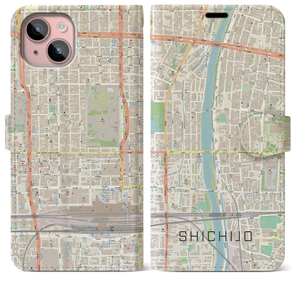 【七条（京都府）】地図柄iPhoneケース（手帳タイプ）ナチュラル・iPhone 15 Plus 用