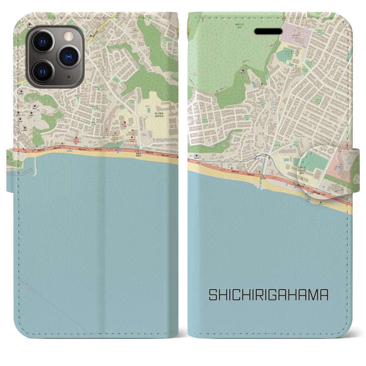【七里ヶ浜】地図柄iPhoneケース（手帳両面タイプ・ナチュラル）iPhone 11 Pro Max 用