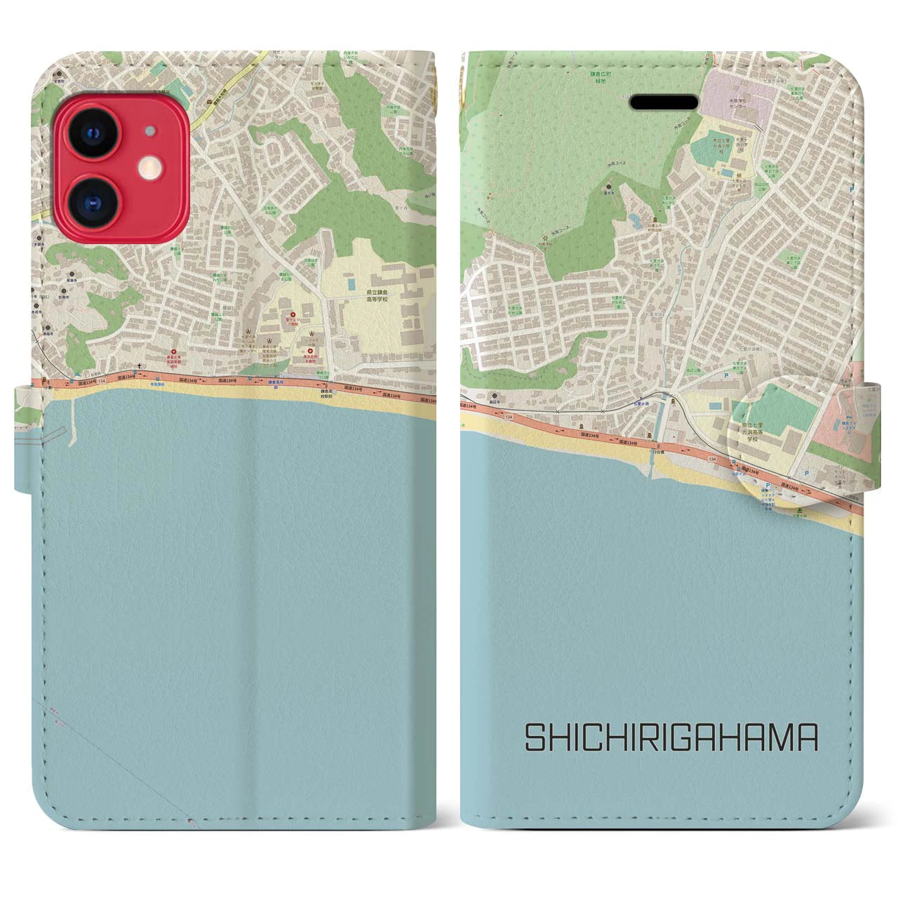 【七里ヶ浜】地図柄iPhoneケース（手帳両面タイプ・ナチュラル）iPhone 11 用