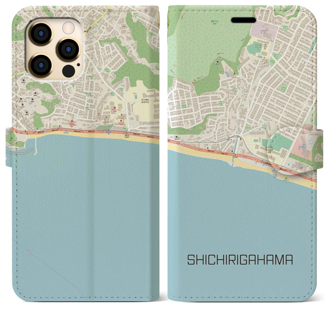 【七里ヶ浜】地図柄iPhoneケース（手帳両面タイプ・ナチュラル）iPhone 12 Pro Max 用