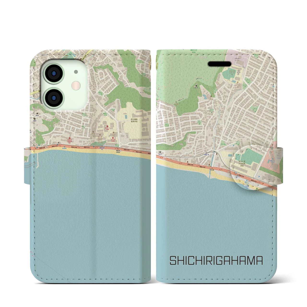 【七里ヶ浜】地図柄iPhoneケース（手帳両面タイプ・ナチュラル）iPhone 12 mini 用
