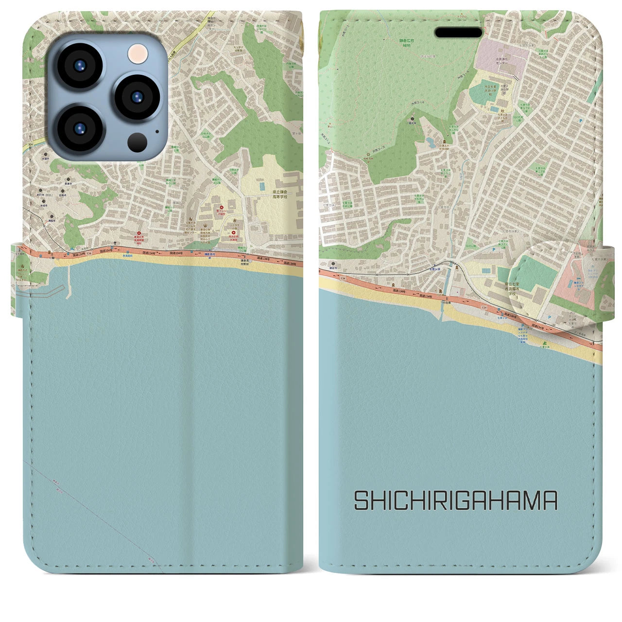 【七里ヶ浜】地図柄iPhoneケース（手帳両面タイプ・ナチュラル）iPhone 13 Pro Max 用