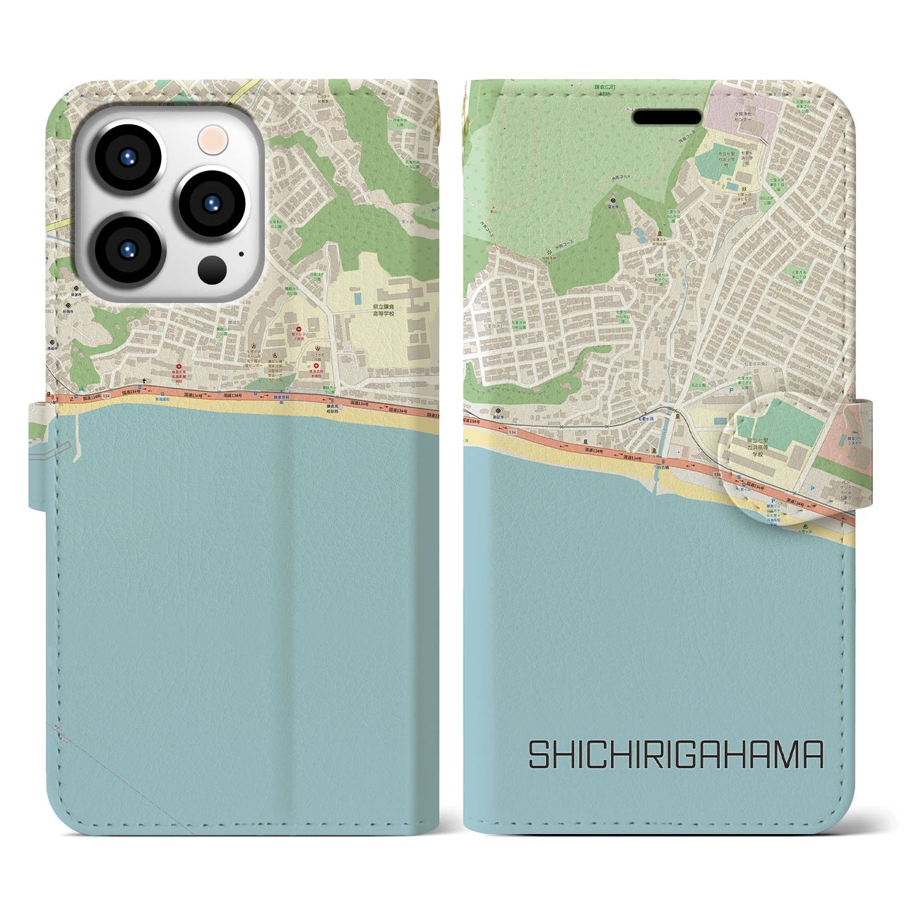 【七里ヶ浜】地図柄iPhoneケース（手帳両面タイプ・ナチュラル）iPhone 13 Pro 用