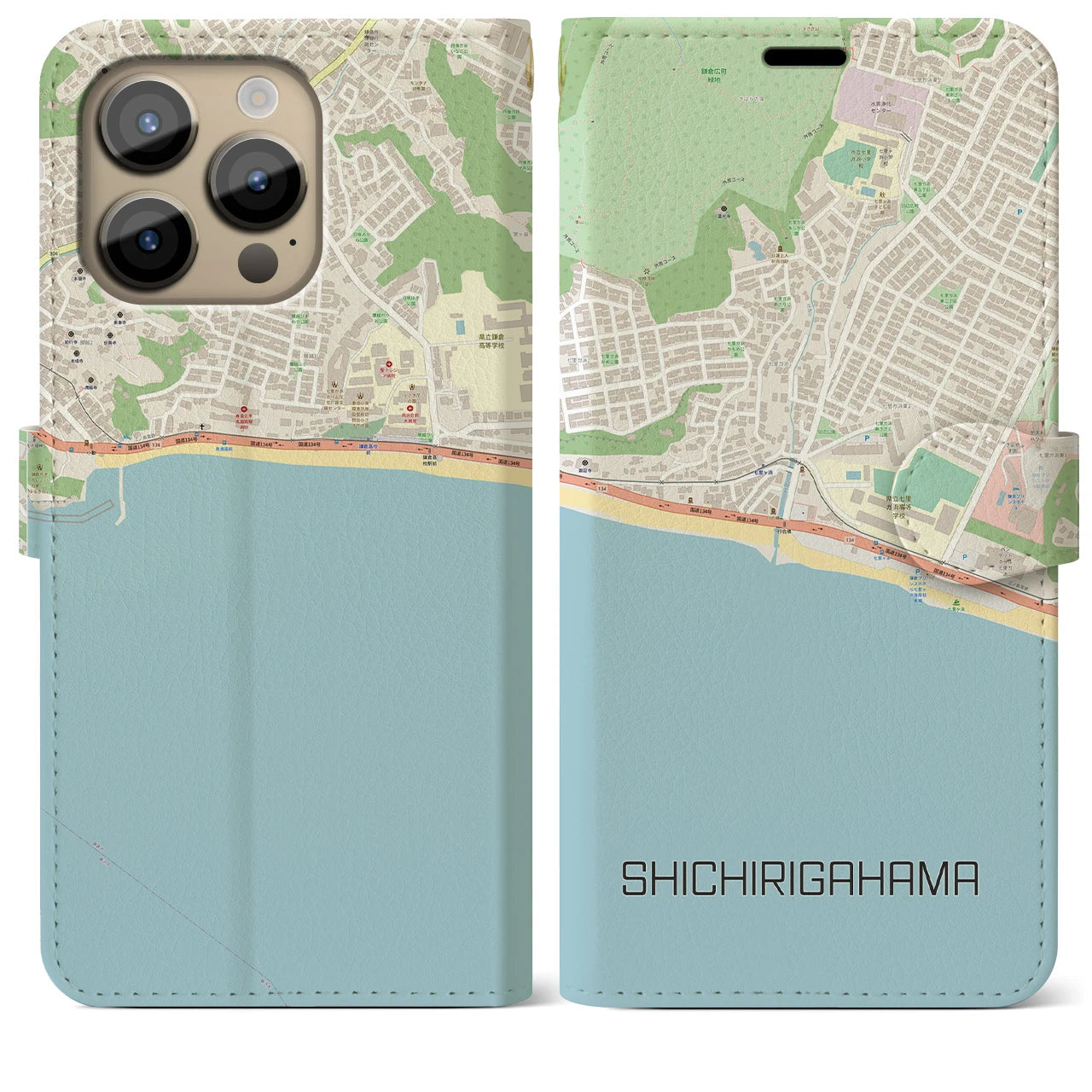 【七里ヶ浜】地図柄iPhoneケース（手帳両面タイプ・ナチュラル）iPhone 14 Pro Max 用