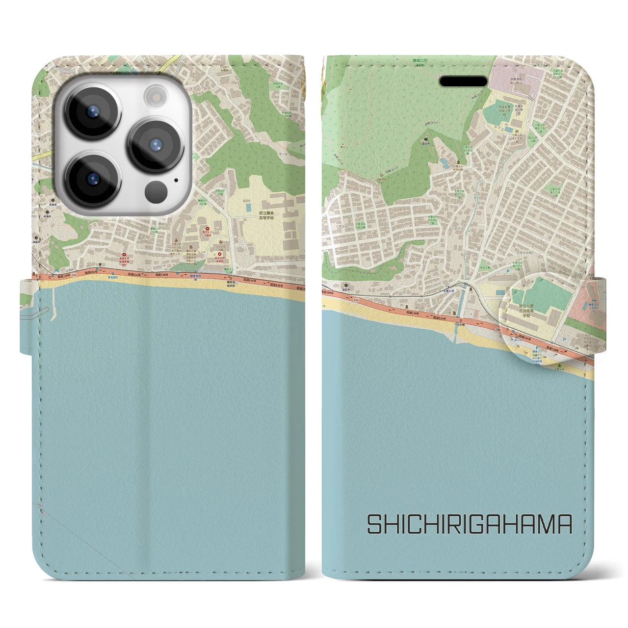 【七里ヶ浜】地図柄iPhoneケース（手帳両面タイプ・ナチュラル）iPhone 14 Pro 用