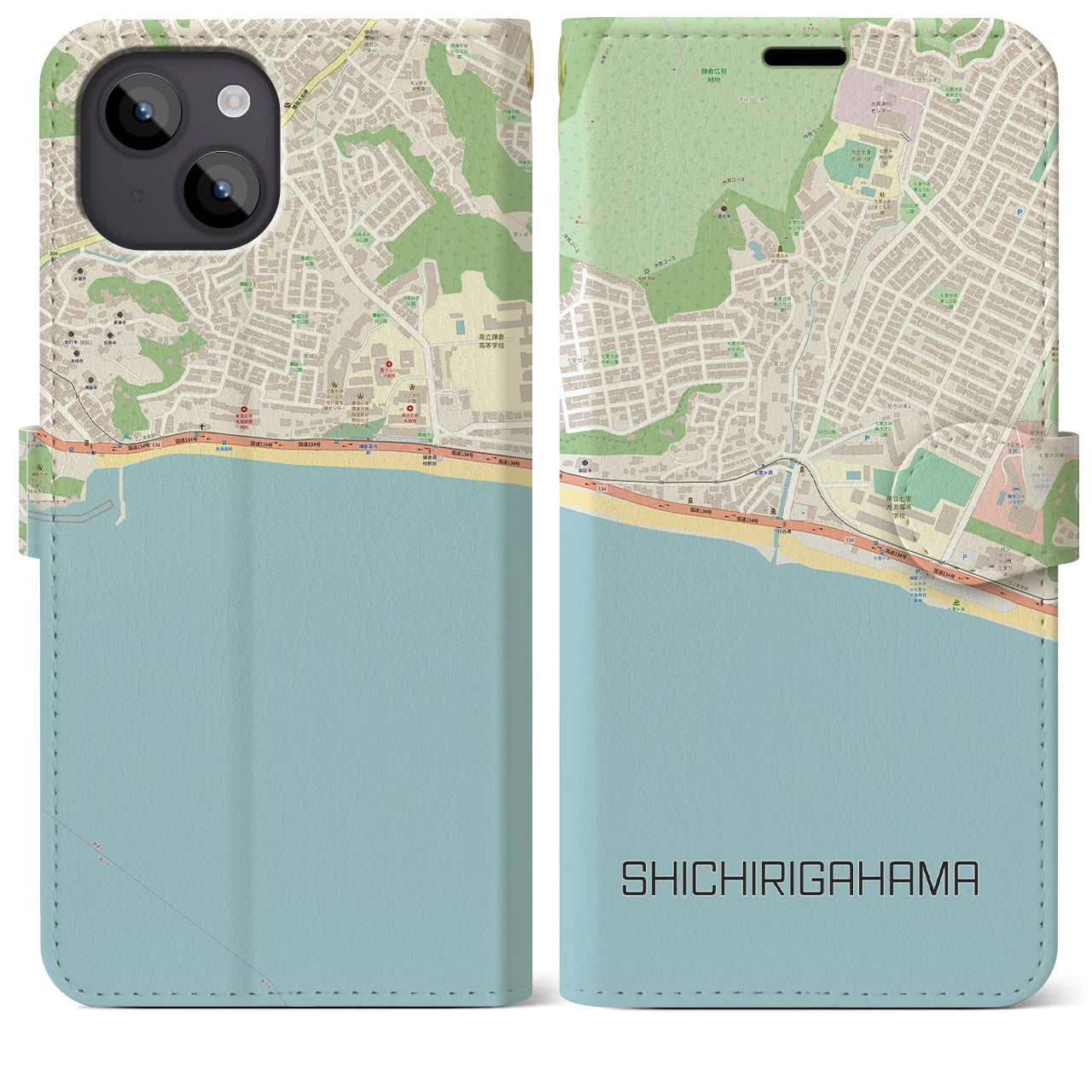 【七里ヶ浜】地図柄iPhoneケース（手帳両面タイプ・ナチュラル）iPhone 14 Plus 用