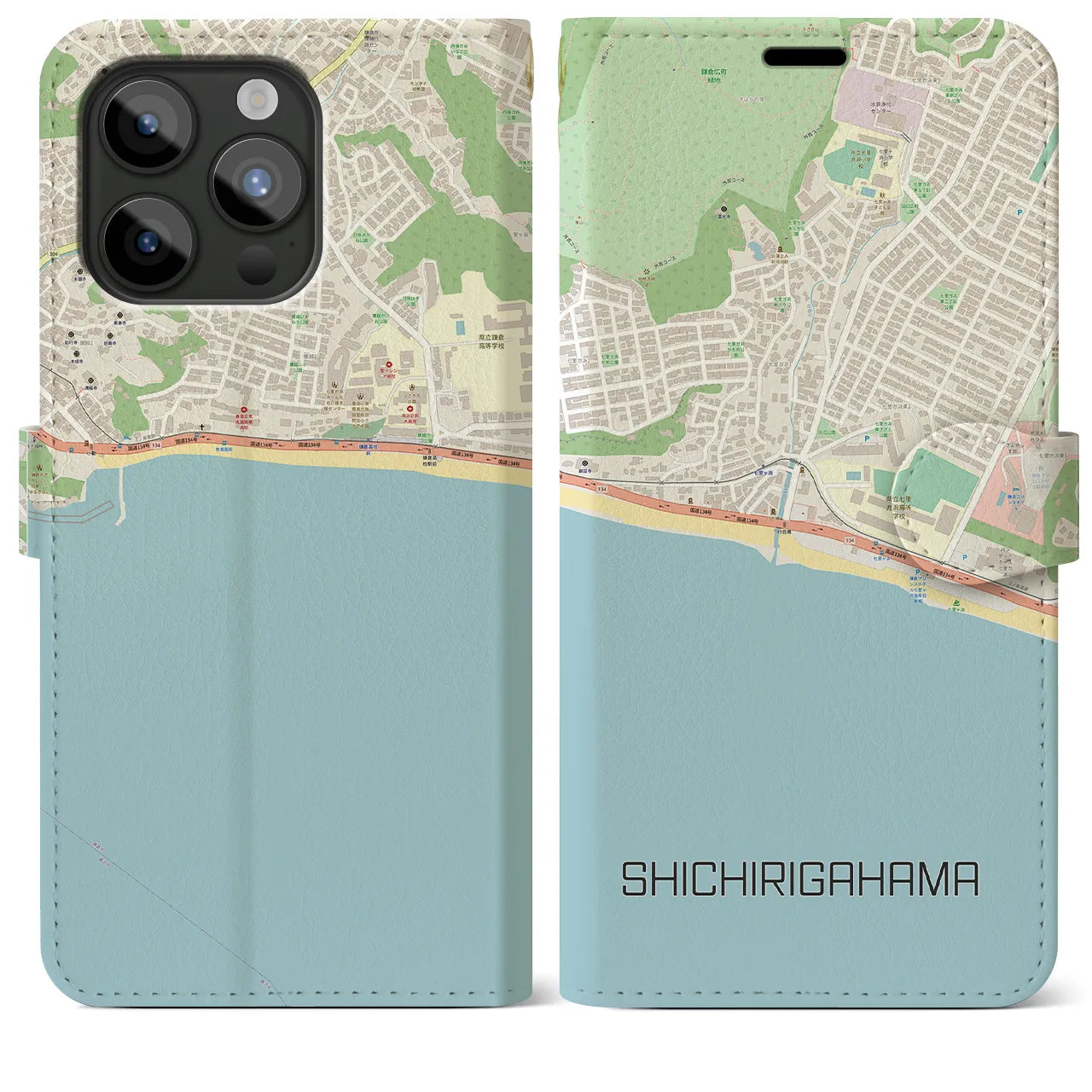 【七里ヶ浜】地図柄iPhoneケース（手帳両面タイプ・ナチュラル）iPhone 15 Pro Max 用
