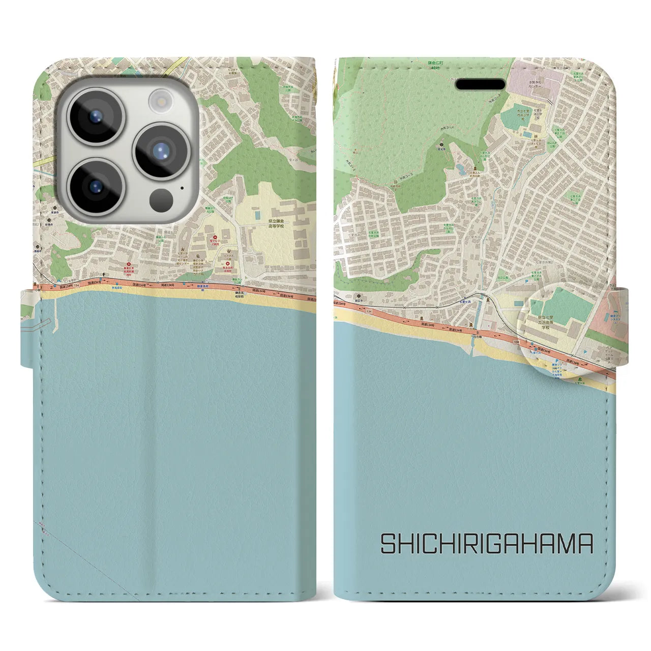 【七里ヶ浜】地図柄iPhoneケース（手帳両面タイプ・ナチュラル）iPhone 15 Pro 用
