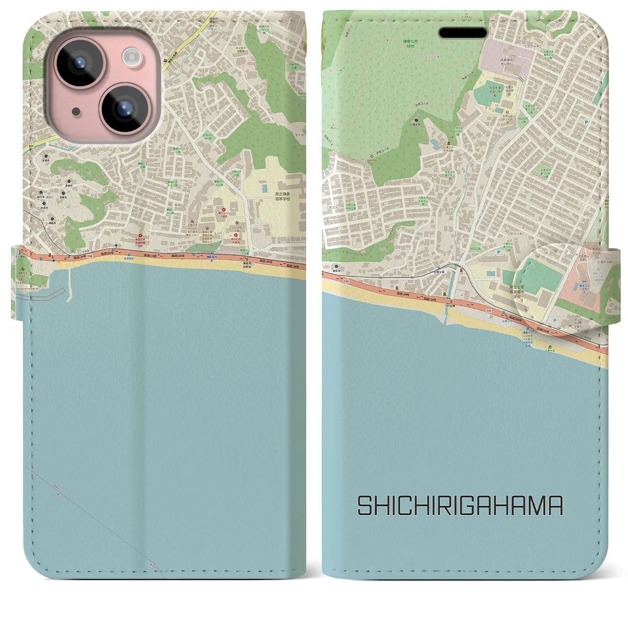 【七里ヶ浜】地図柄iPhoneケース（手帳両面タイプ・ナチュラル）iPhone 15 Plus 用