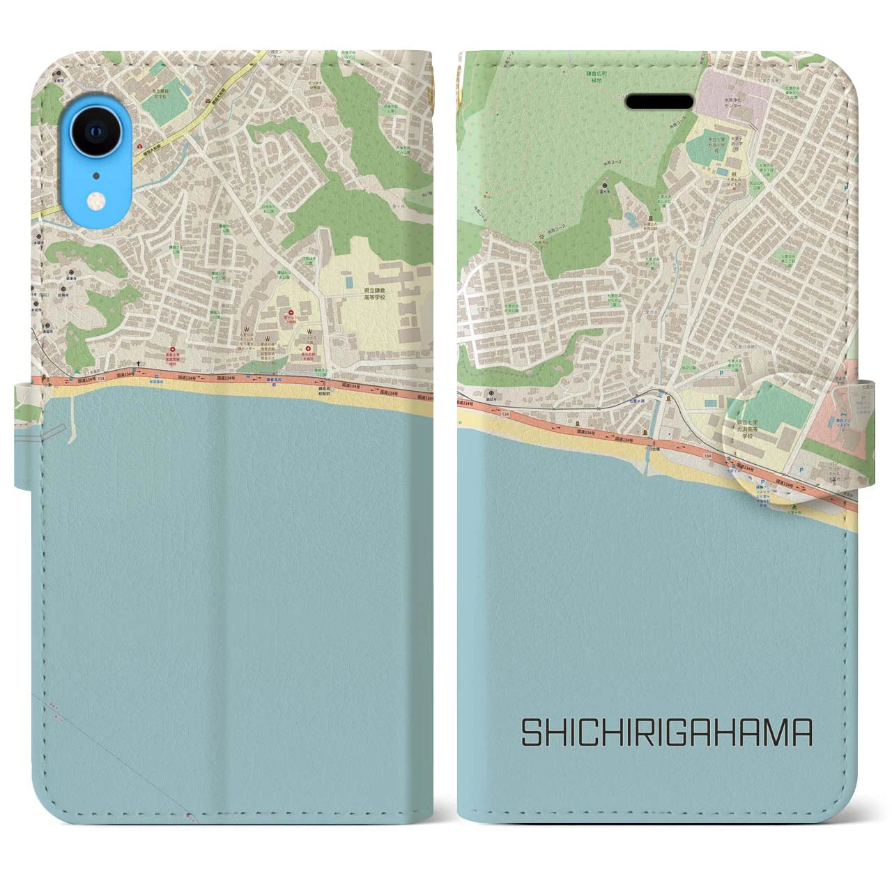 【七里ヶ浜】地図柄iPhoneケース（手帳両面タイプ・ナチュラル）iPhone XR 用