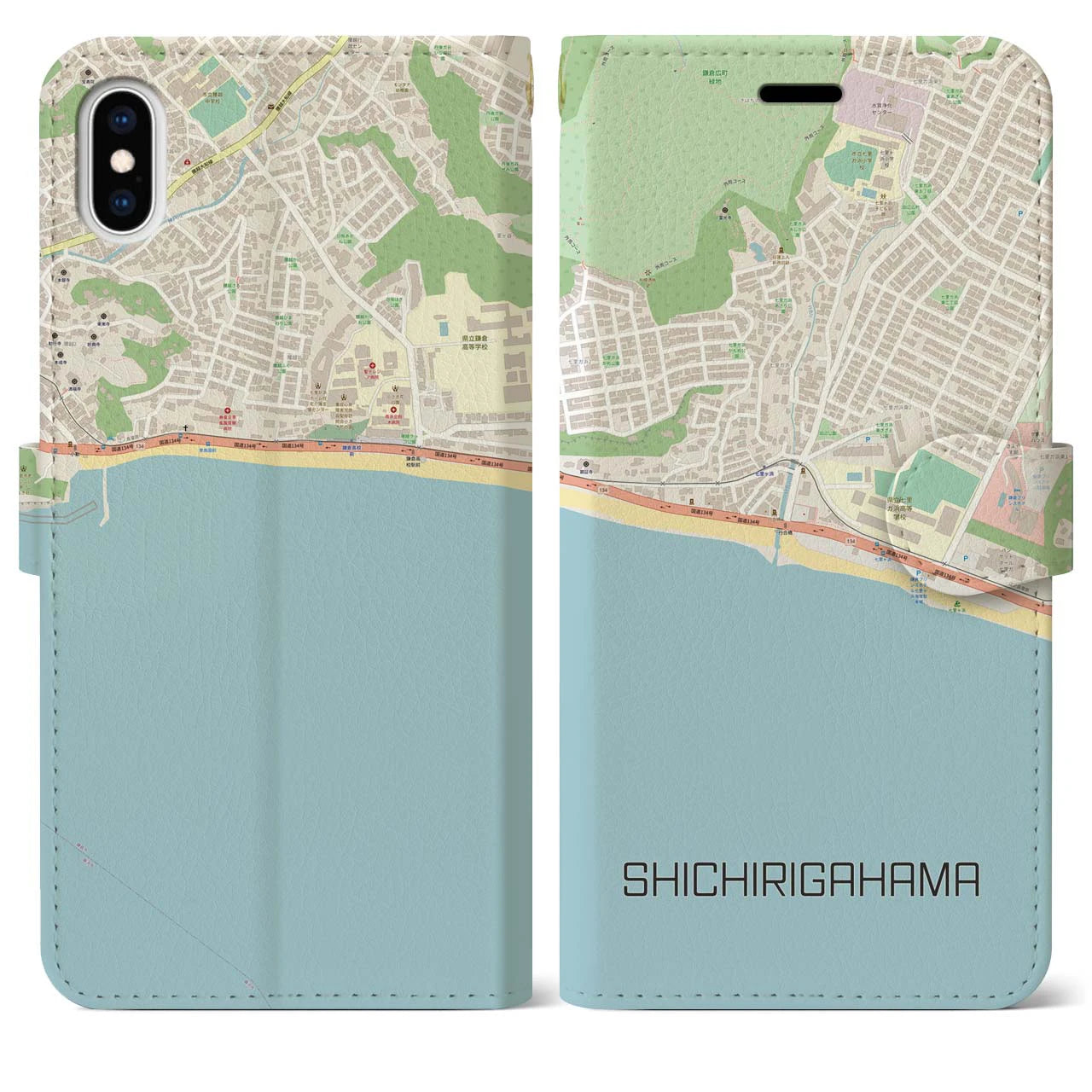 【七里ヶ浜】地図柄iPhoneケース（手帳両面タイプ・ナチュラル）iPhone XS Max 用