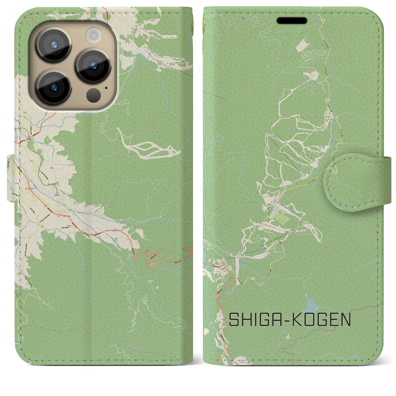 【志賀高原】地図柄iPhoneケース（手帳両面タイプ・ナチュラル）iPhone 14 Pro Max 用