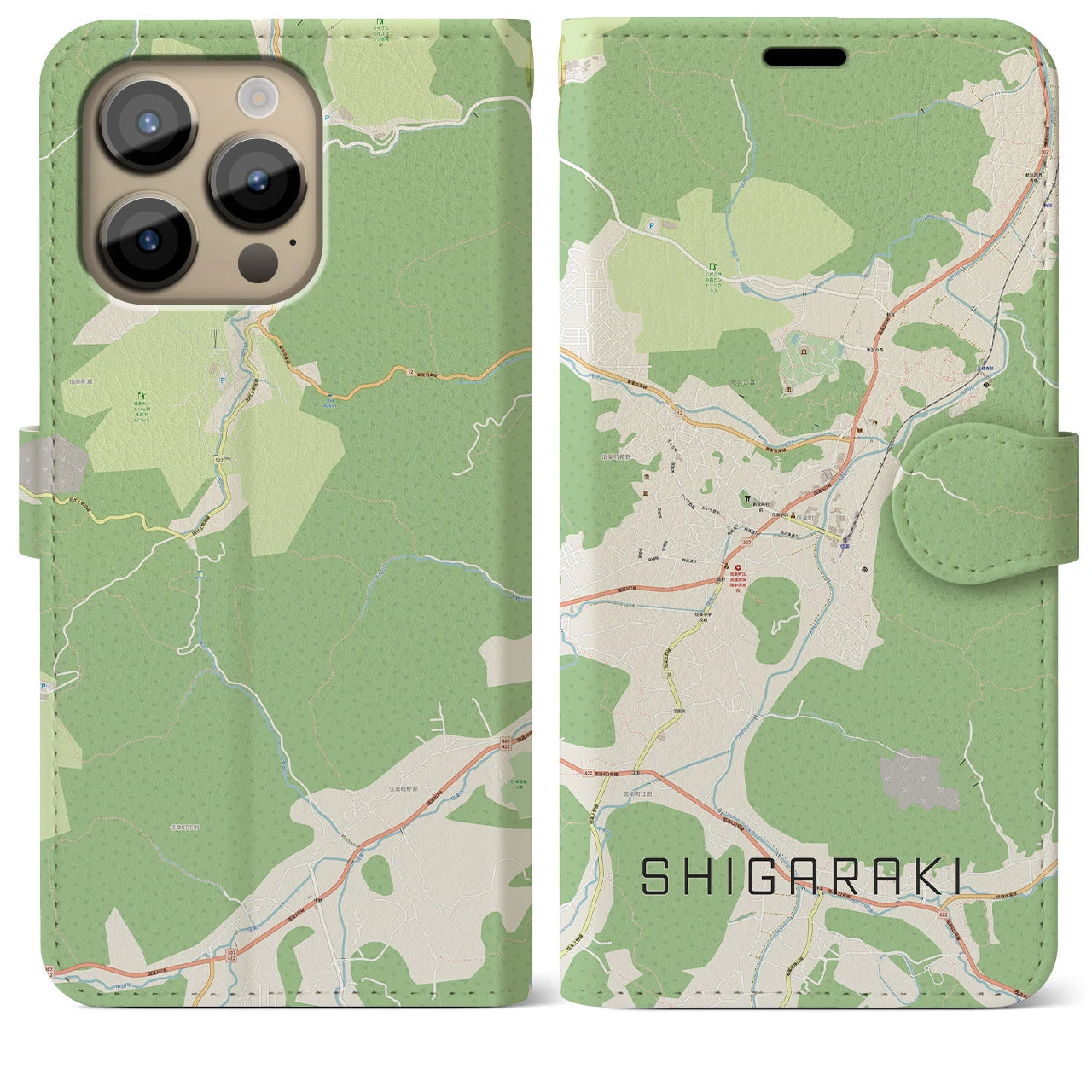 【信楽】地図柄iPhoneケース（手帳両面タイプ・ナチュラル）iPhone 14 Pro Max 用