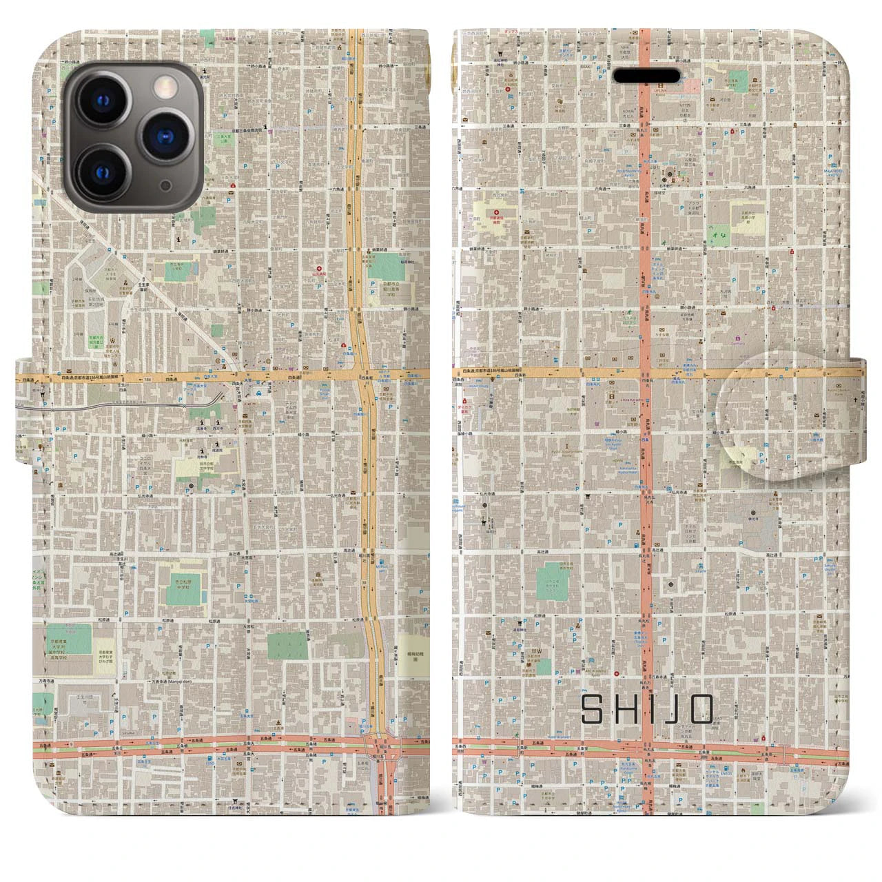 【四条】地図柄iPhoneケース（手帳両面タイプ・ナチュラル）iPhone 11 Pro Max 用