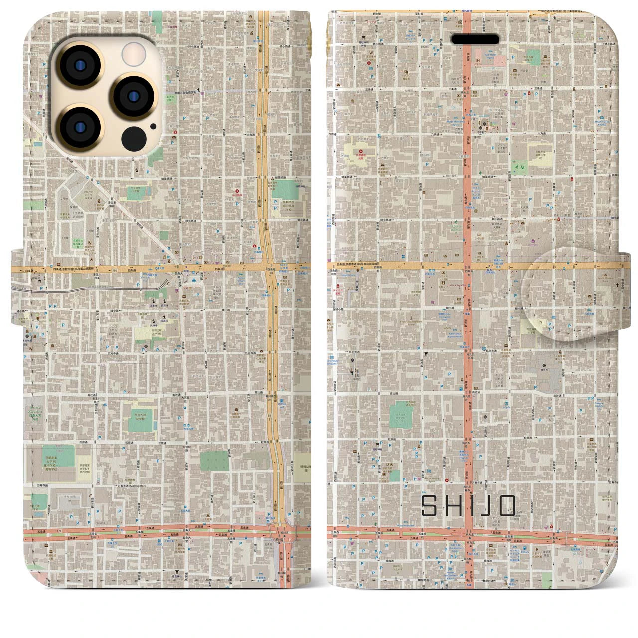 【四条】地図柄iPhoneケース（手帳両面タイプ・ナチュラル）iPhone 12 Pro Max 用