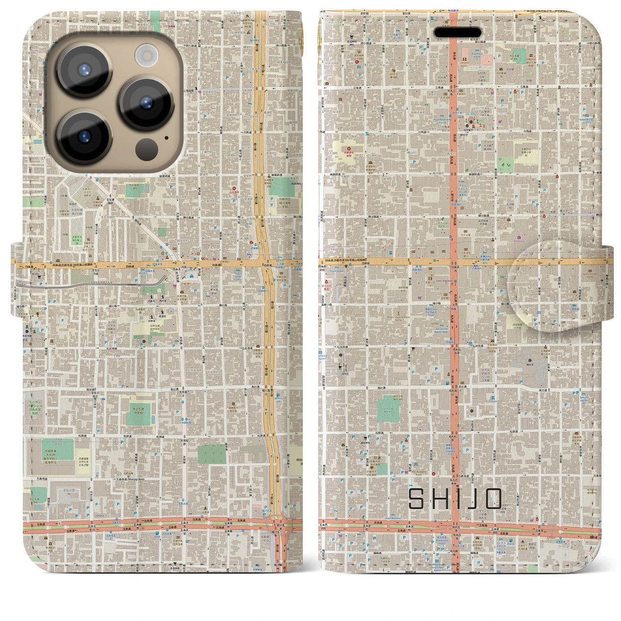 【四条】地図柄iPhoneケース（手帳両面タイプ・ナチュラル）iPhone 14 Pro Max 用