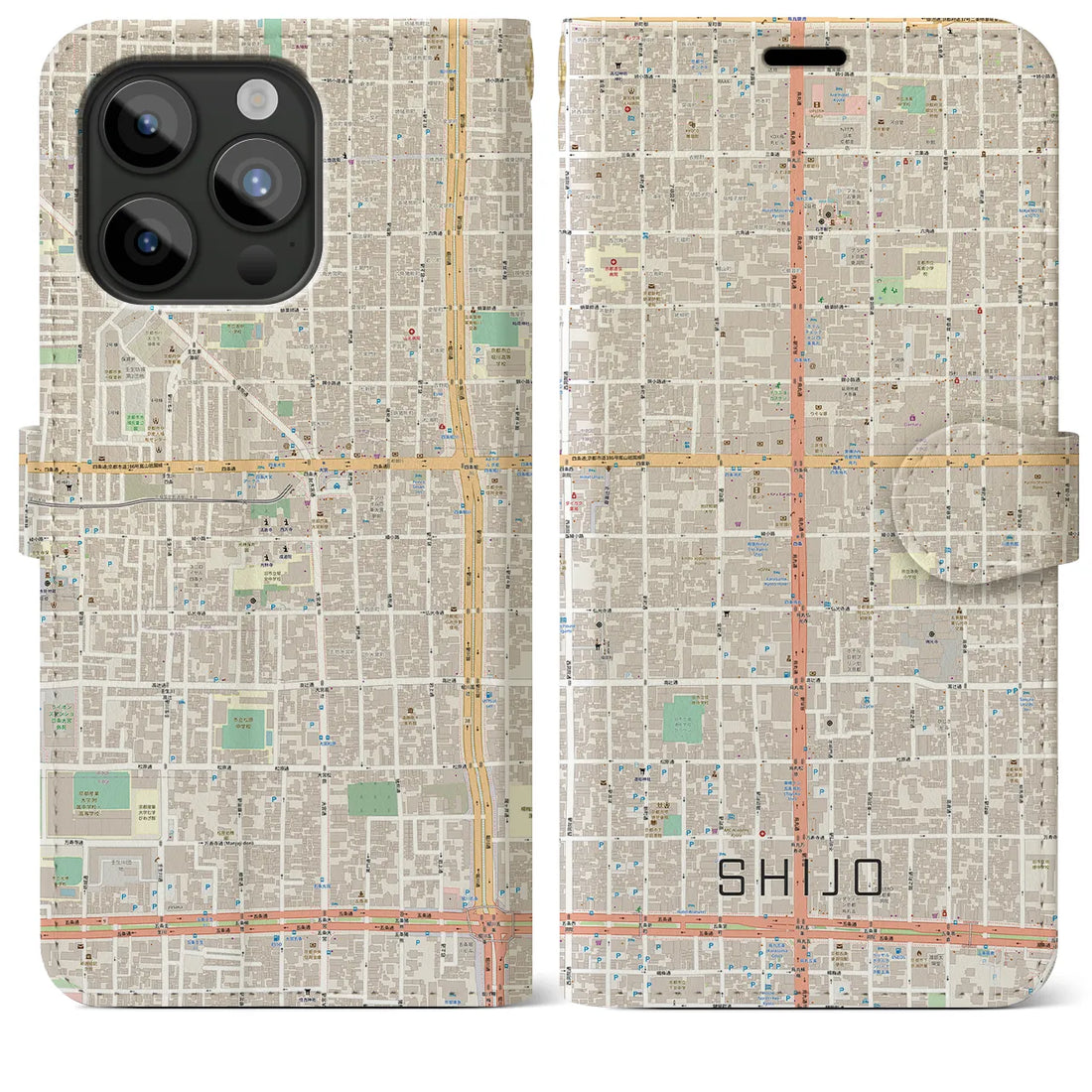 【四条】地図柄iPhoneケース（手帳両面タイプ・ナチュラル）iPhone 15 Pro Max 用