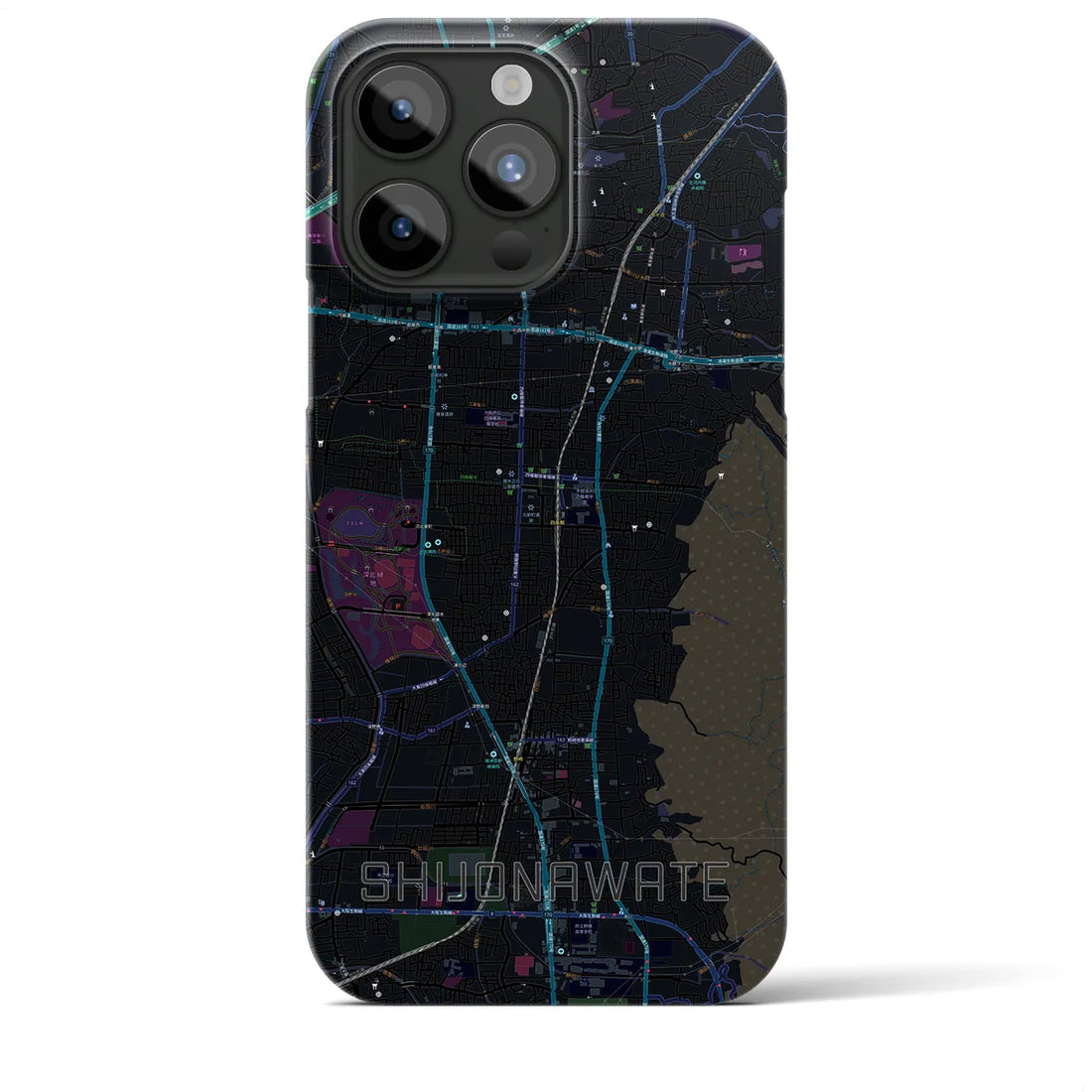【四条畷】地図柄iPhoneケース（バックカバータイプ・ブラック）iPhone 15 Pro Max 用