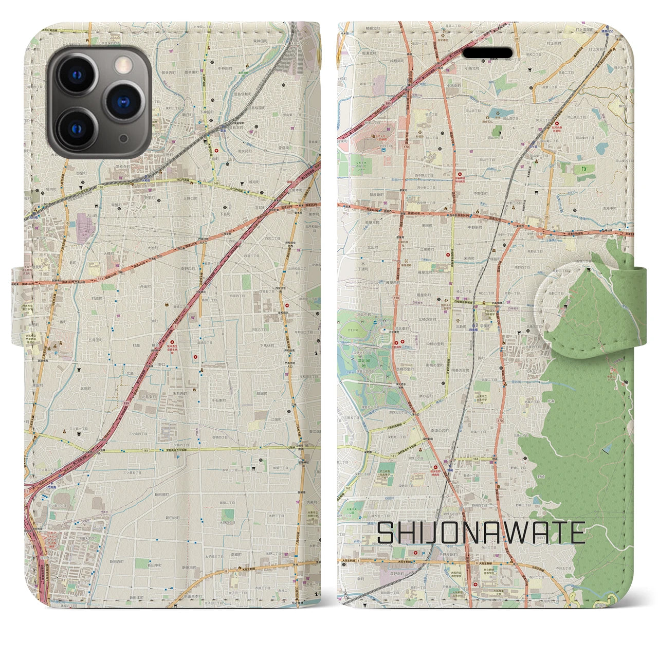 【四条畷】地図柄iPhoneケース（手帳両面タイプ・ナチュラル）iPhone 11 Pro Max 用