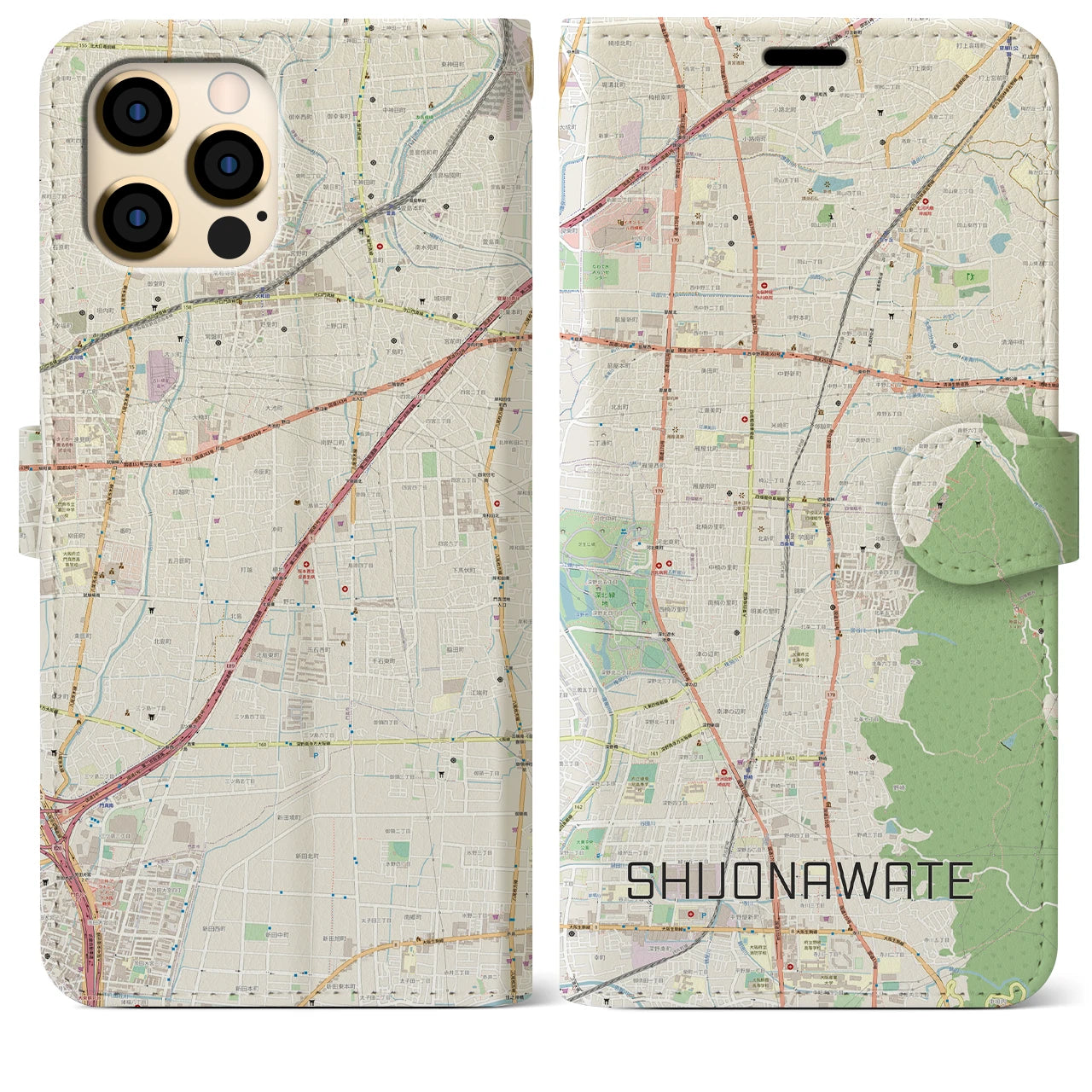 【四条畷】地図柄iPhoneケース（手帳両面タイプ・ナチュラル）iPhone 12 Pro Max 用
