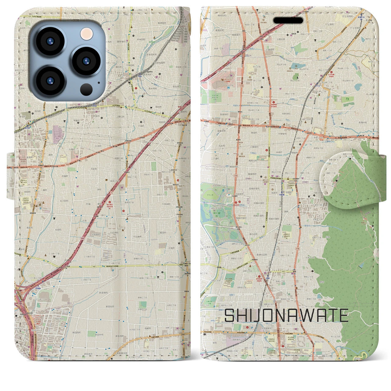【四条畷】地図柄iPhoneケース（手帳両面タイプ・ナチュラル）iPhone 13 Pro Max 用