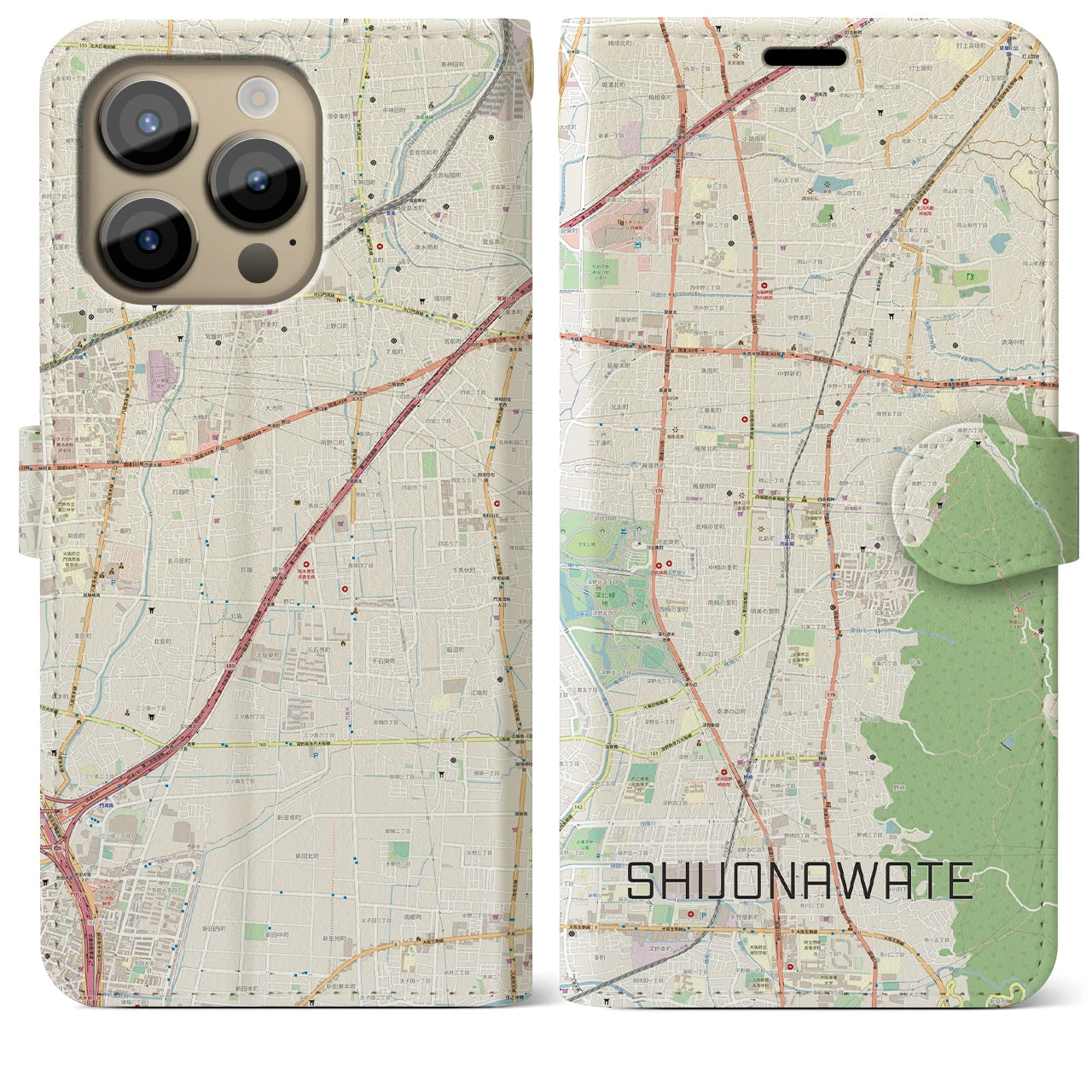 【四条畷】地図柄iPhoneケース（手帳両面タイプ・ナチュラル）iPhone 14 Pro Max 用