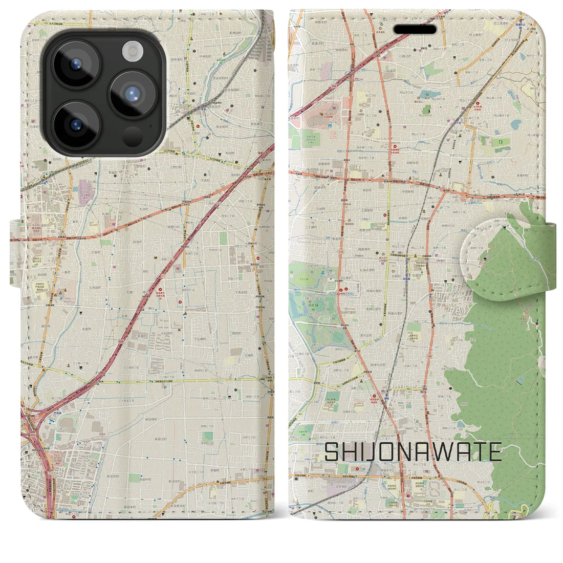 【四条畷】地図柄iPhoneケース（手帳両面タイプ・ナチュラル）iPhone 15 Pro Max 用