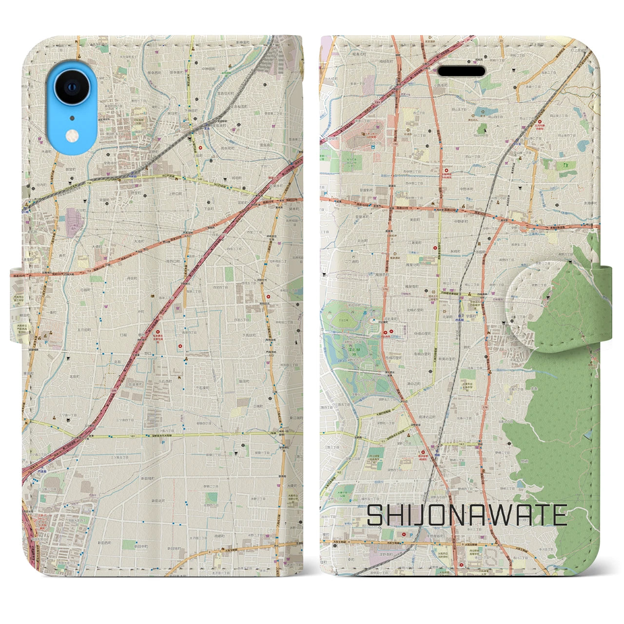 【四条畷】地図柄iPhoneケース（手帳両面タイプ・ナチュラル）iPhone XR 用