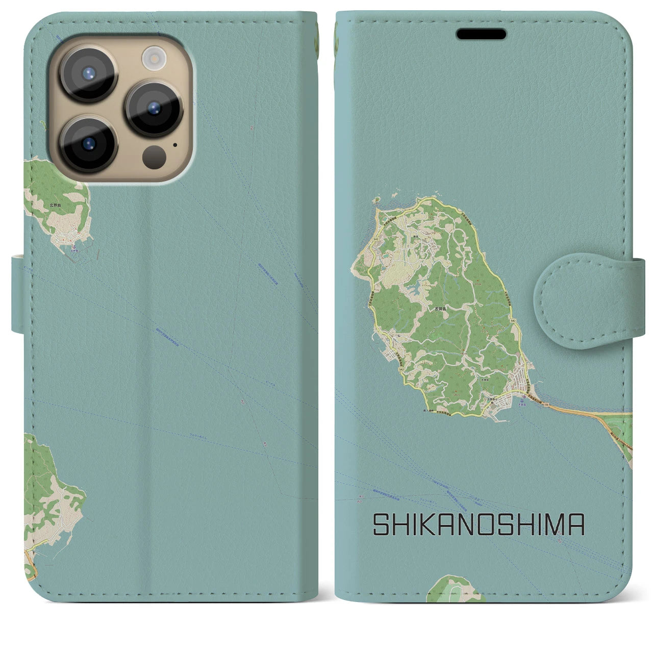 【志賀島】地図柄iPhoneケース（手帳両面タイプ・ナチュラル）iPhone 14 Pro Max 用
