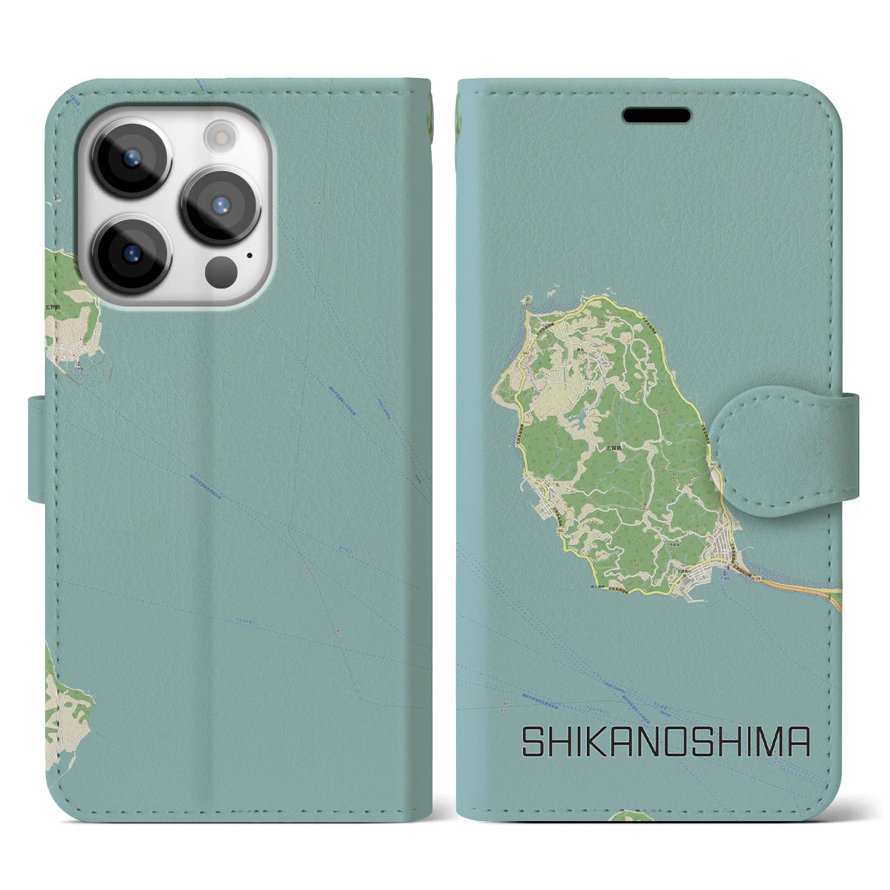 【志賀島】地図柄iPhoneケース（手帳両面タイプ・ナチュラル）iPhone 14 Pro 用