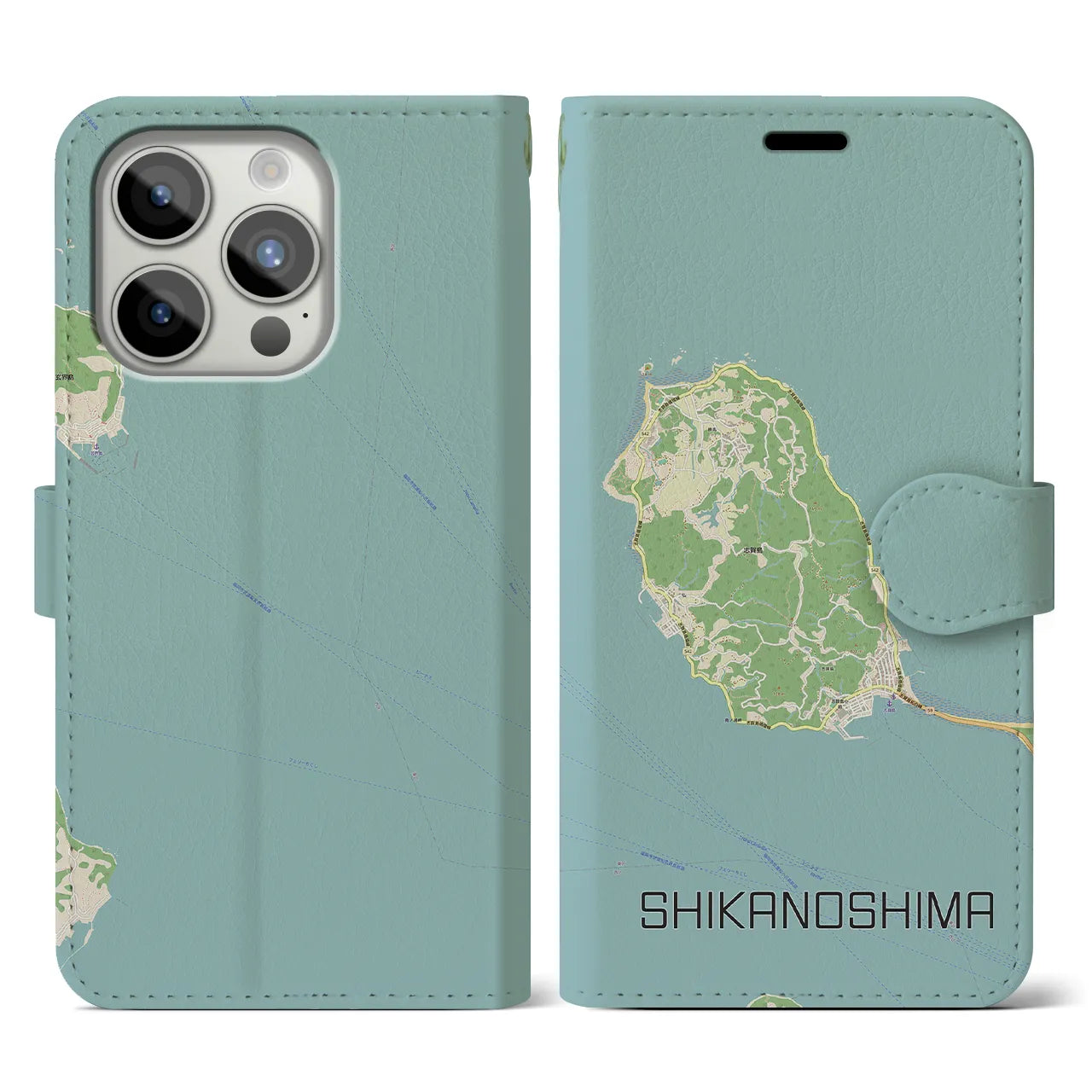 【志賀島】地図柄iPhoneケース（手帳両面タイプ・ナチュラル）iPhone 15 Pro 用