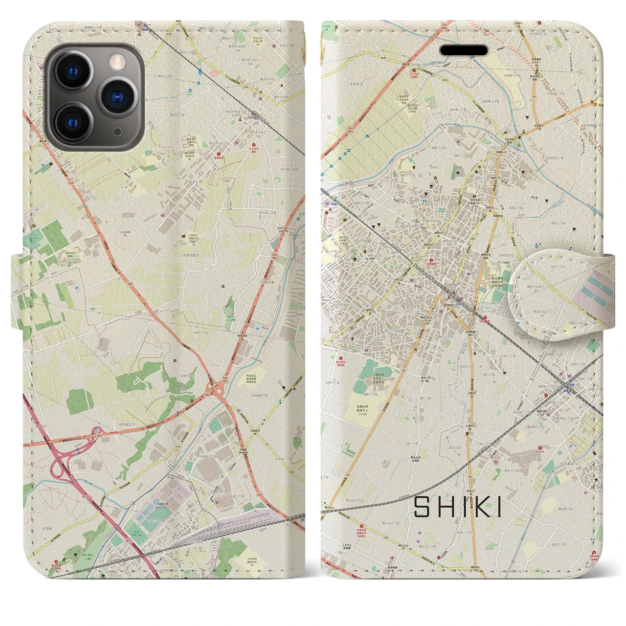 【志木】地図柄iPhoneケース（手帳両面タイプ・ナチュラル）iPhone 11 Pro Max 用