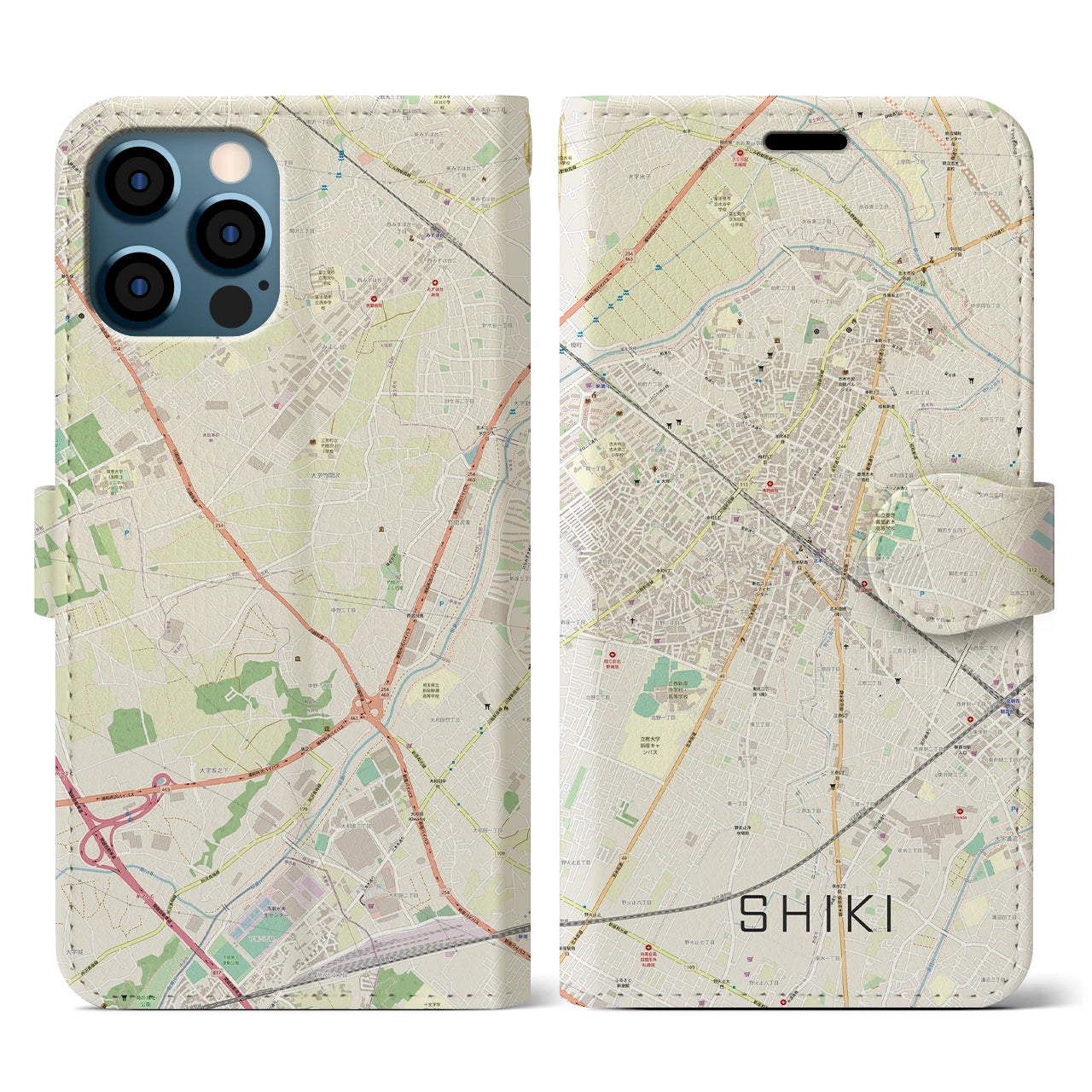 【志木】地図柄iPhoneケース（手帳両面タイプ・ナチュラル）iPhone 12 / 12 Pro 用