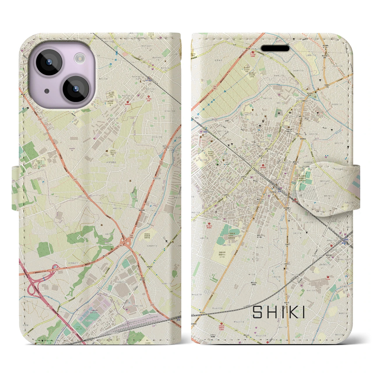 【志木】地図柄iPhoneケース（手帳両面タイプ・ナチュラル）iPhone 14 用