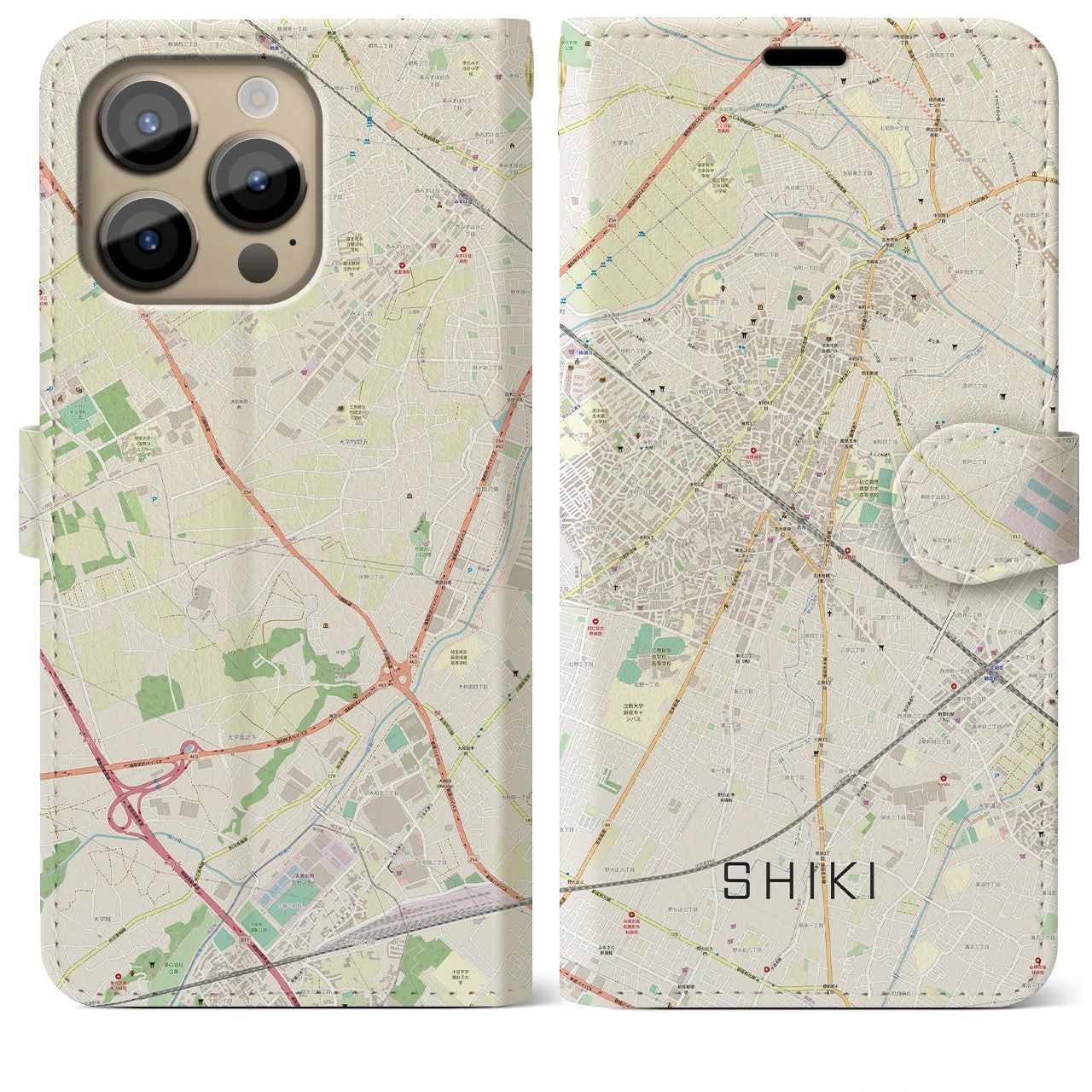 【志木】地図柄iPhoneケース（手帳両面タイプ・ナチュラル）iPhone 14 Pro Max 用