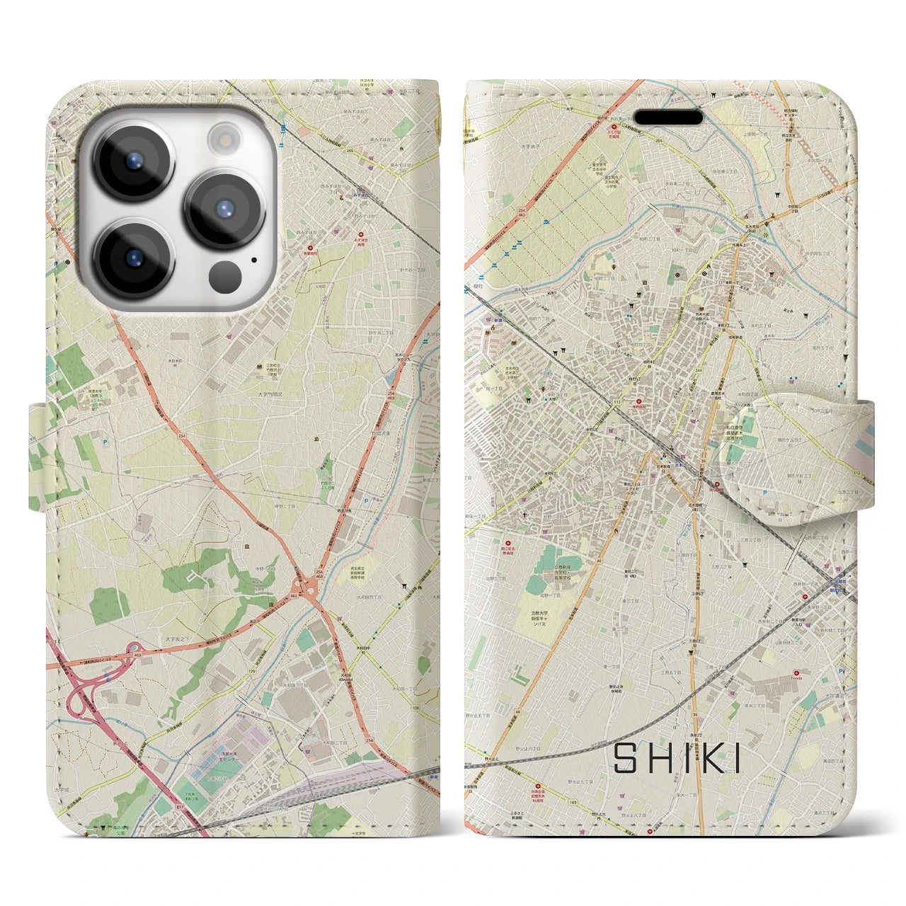 【志木】地図柄iPhoneケース（手帳両面タイプ・ナチュラル）iPhone 14 Pro 用