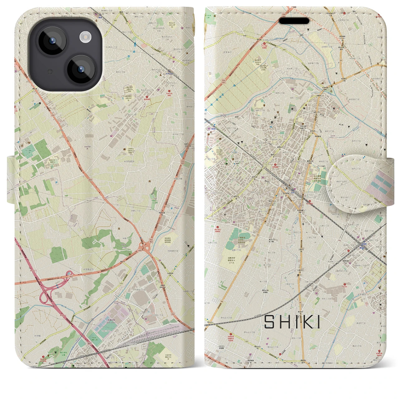 【志木】地図柄iPhoneケース（手帳両面タイプ・ナチュラル）iPhone 14 Plus 用