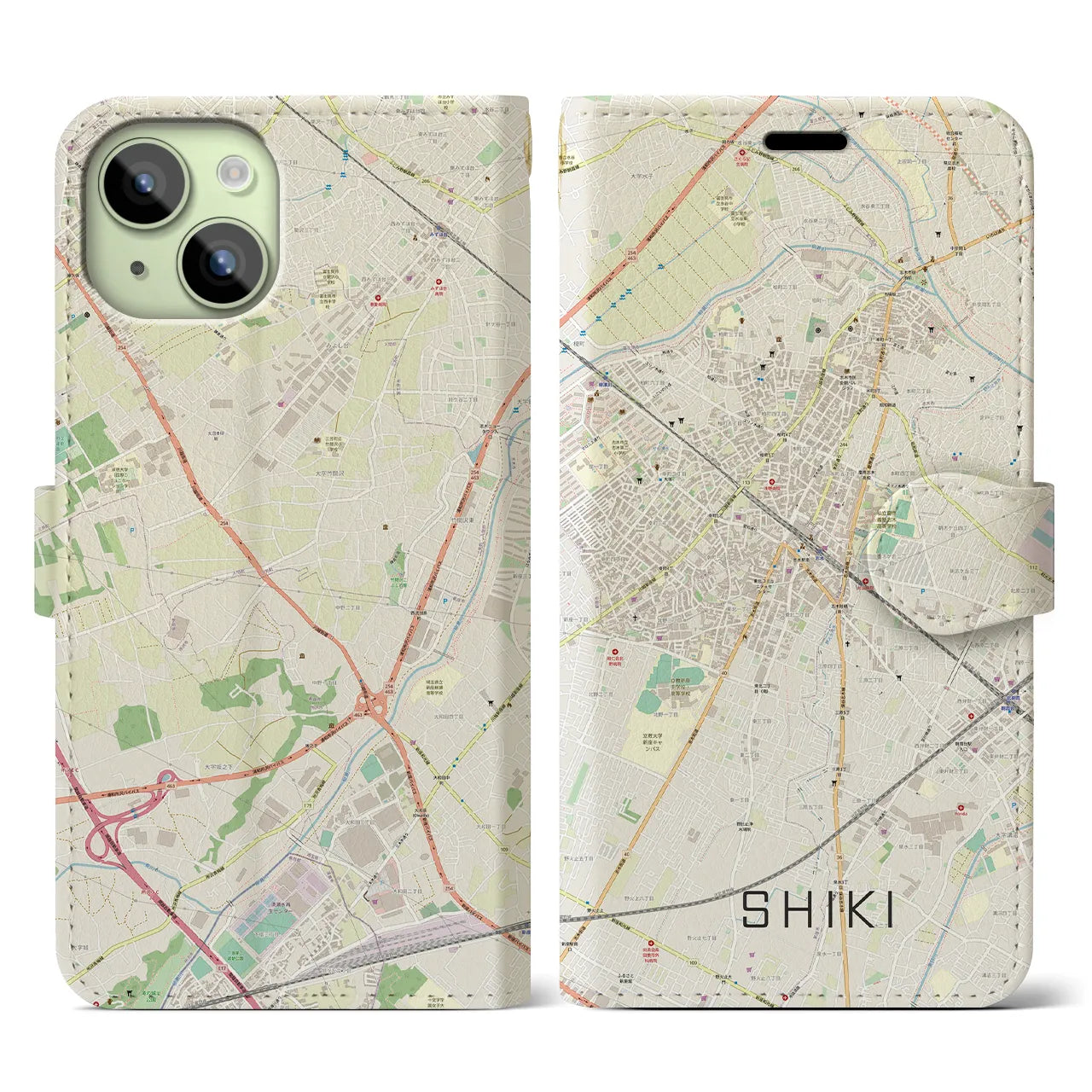 【志木】地図柄iPhoneケース（手帳両面タイプ・ナチュラル）iPhone 15 用