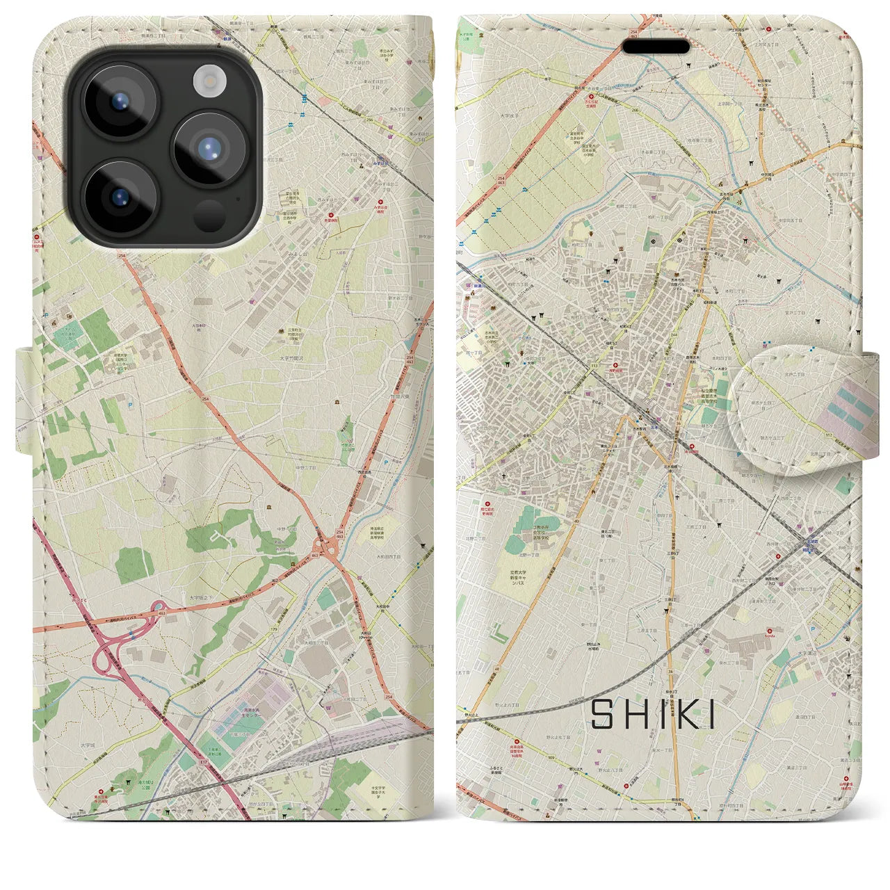 【志木】地図柄iPhoneケース（手帳両面タイプ・ナチュラル）iPhone 15 Pro Max 用