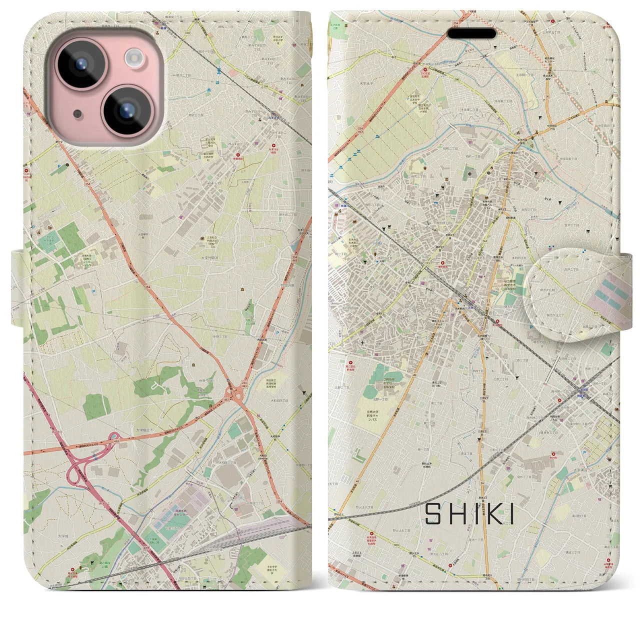 【志木】地図柄iPhoneケース（手帳両面タイプ・ナチュラル）iPhone 15 Plus 用
