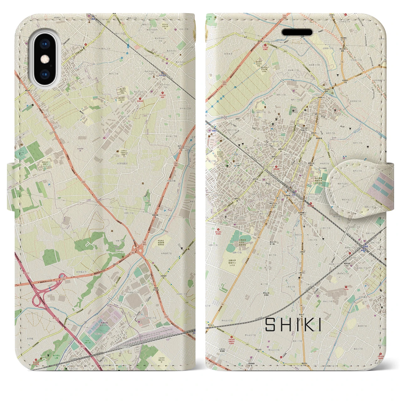 【志木】地図柄iPhoneケース（手帳両面タイプ・ナチュラル）iPhone XS Max 用