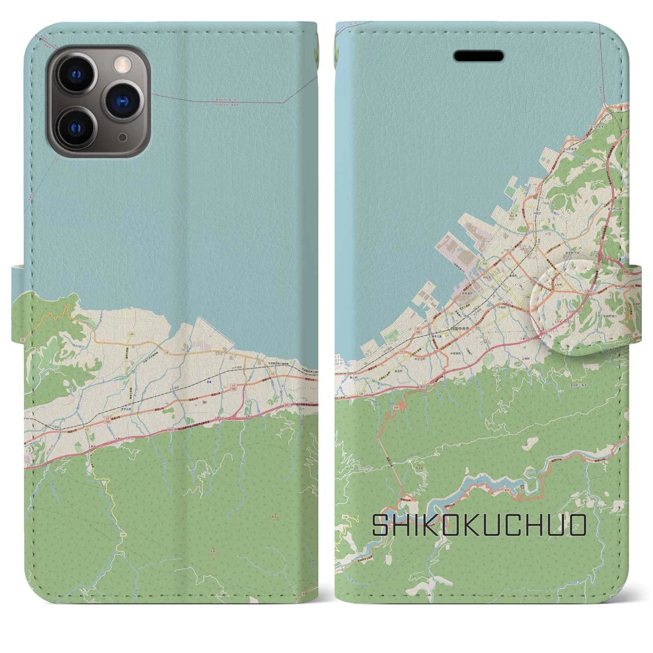 【四国中央（愛媛県）】地図柄iPhoneケース（手帳タイプ）ナチュラル・iPhone 11 Pro Max 用